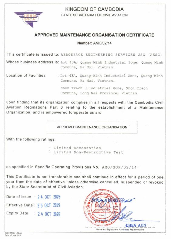 CAMBODIA approval Maintenance Organisation Certificate